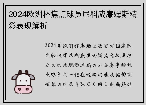 2024欧洲杯焦点球员尼科威廉姆斯精彩表现解析